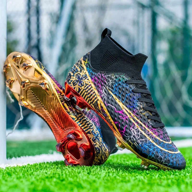 Sapatilhas de futebol masculinas de cano alto, botas de futebol antiderrapantes, solas banhadas a ouro, tênis profissional para adultos, tênis ao ar livre Importe Go 