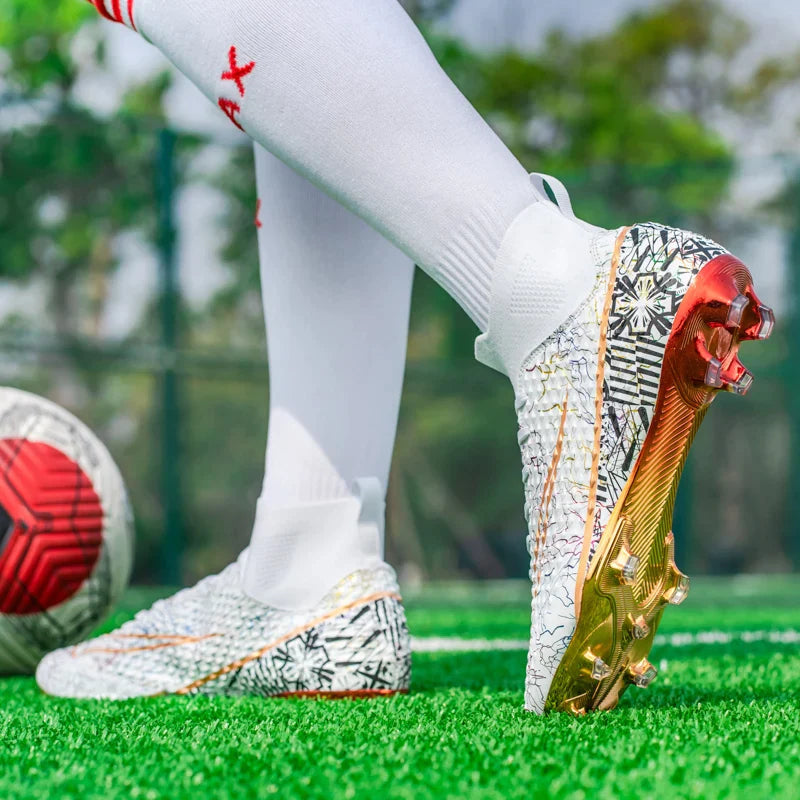 Sapatilhas de futebol masculinas de cano alto, botas de futebol antiderrapantes, solas banhadas a ouro, tênis profissional para adultos, tênis ao ar livre Importe Go 