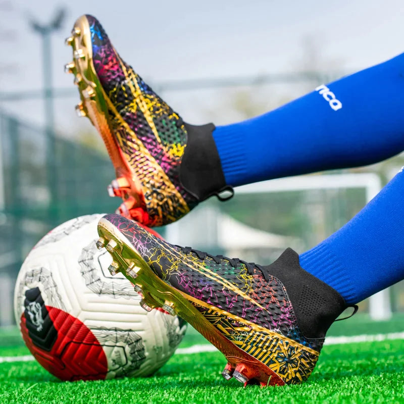 Sapatilhas de futebol masculinas de cano alto, botas de futebol antiderrapantes, solas banhadas a ouro, tênis profissional para adultos, tênis ao ar livre Importe Go 