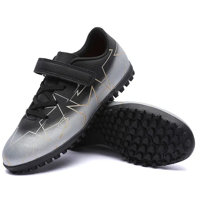 Sapatos de futebol superfly antiderrapantes infantis, botas de futebol impermeáveis infantis, relvado resistente ao desgaste, ultraleve, treinamento de futsal, originais FutCarioca Black Gray 29 